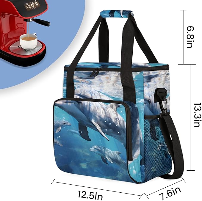 Ocean Sea Dolphin Coffee Maker Carrying Bag Portable Travel Storage Tote Bag Compatible with K-Mini or K-Mini Plus Single Serve Coffee Brewer Carrying Case with Multiple Pockets &amp Shoulder Strap