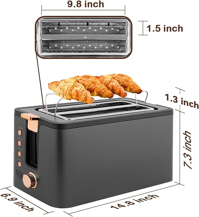 Mecity 4 Slice Toaster Long Slot Toaster With Warming Rack Timer Bagel Defrost Reheat Functions Crumb Tray 6 Browning Settings Extra Wide Long Slots Stainless Steel 1300W Grey