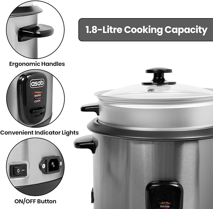 THEGA Electric Rice Cooker and Steamer with Automatic Cooking Removable Non Stick Bowl Stainless Steel Tempered Glass Lid with Steel Vent 700W Cook Warm Function Healthy Rice Cooking(4L)
