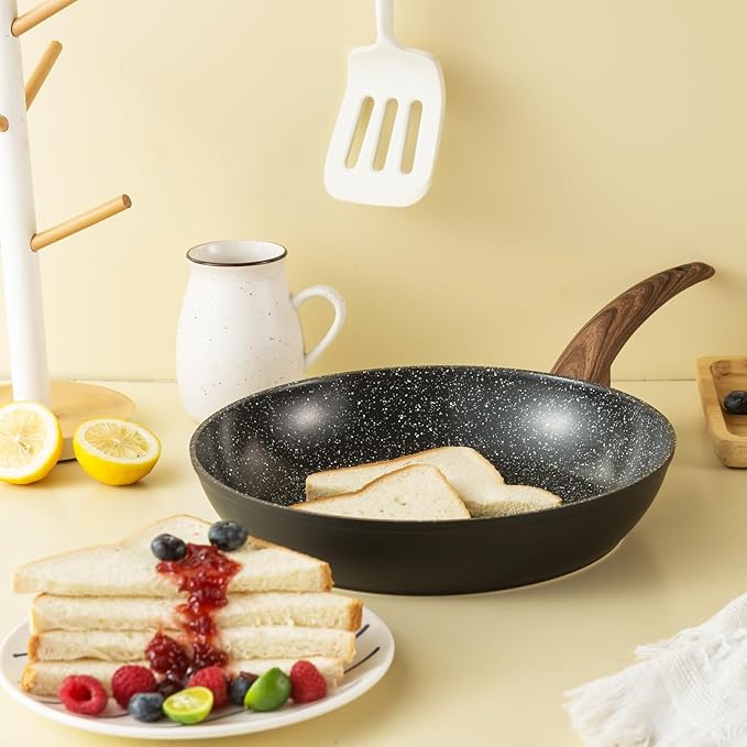 Pots and Pans Set Non Stick Ceramic Cookware Set with Granite Pattern Kitchen Cooking Sets Induction Pot and Pan w/Frying Pans Saucepans Casserole Non-Toxic PTFE/PFOA/PFOS-Free Black