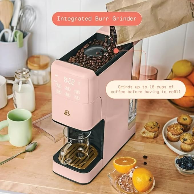 B - Perfect Grind Programmable Single-Serve Coffee Maker with Built-In Grinder Fresh Ground Brewing Touch Controls Reusable Filter Compact Countertop Design (Rose)