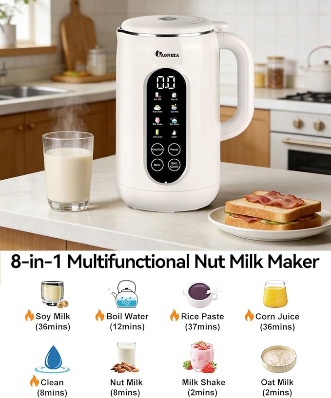 IAGREEA 10-in-1 Nut Milk Maker Machine 304 Stainless Steel Lid BPA Free 35oz Soy Milk Maker for Homemade Milkshake/Nut/Oat/Plant-Based Drink 10 Blades Blenders with Delay Start/Boil Water/Self Clean