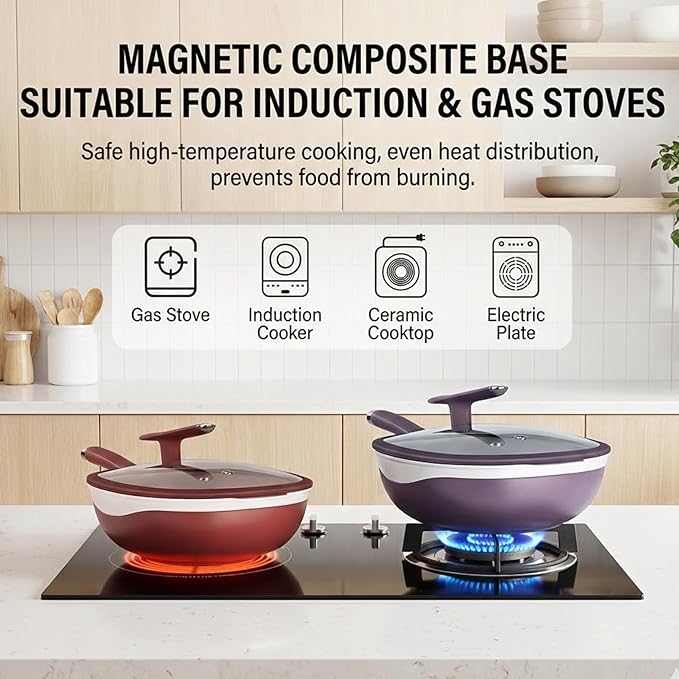 12 Inch Titanium Alloy Non Stick Pot With Lid With Steamer Non Stick Frying Pan Set With Lids For Cooking Nonstick Frying Cookware Sets Deep Saute Pan (Purple)