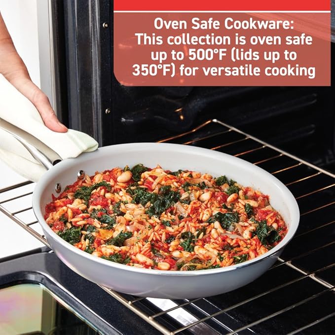 T-fal Fresh Gourmet Recycled Ceramic Non Stick Cookware Set 12 Piece Oven Broiler Safe 500F Lid Safe 350F Kitchen Cooking Set W/Fry Pans Saucepans Dutch Oven Utensils Pots and Pans Set Grey