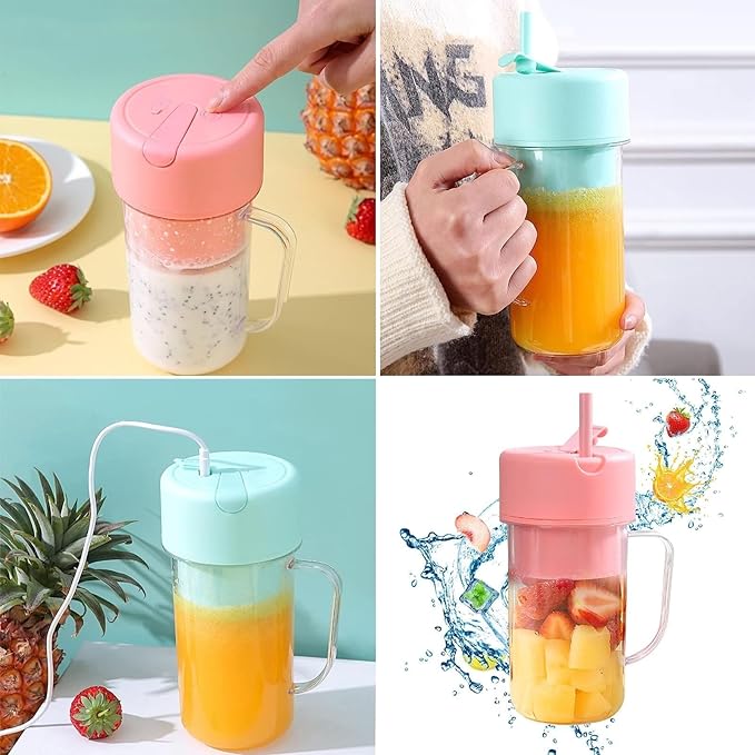 Portable Blender 420ML USB Rechargeable Juicer Cup with Handle Mini Fruit Mixer for Travel Office Outdoor (Pink)