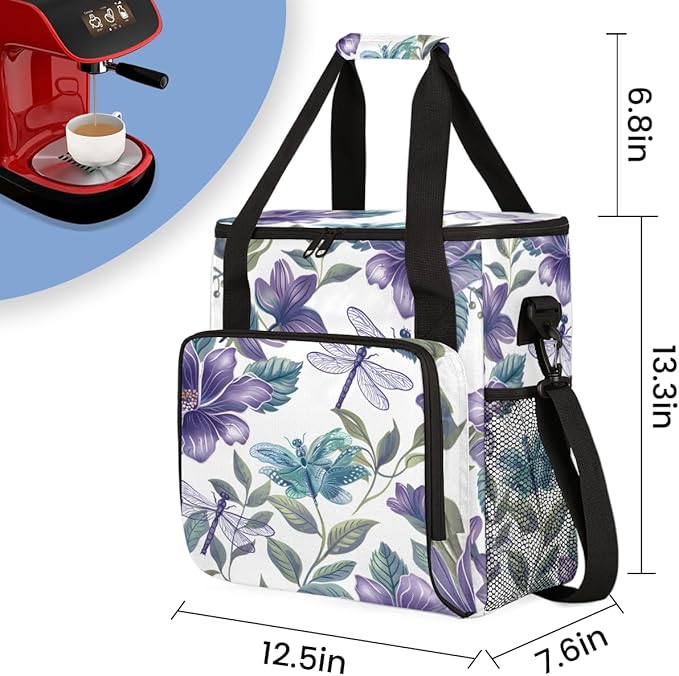 Flowers Dragonfly Coffee Maker Carrying Bag Portable Travel Storage Tote Bag Compatible with K-Mini or K-Mini Plus Single Serve Coffee Brewer Carrying Case with Multiple Pockets &amp Shoulder Strap