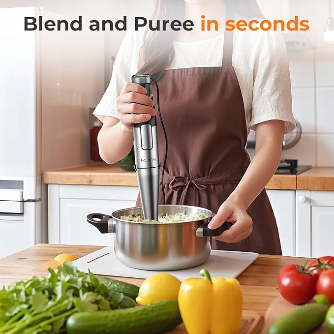 KOIOS Immersion Blender Handheld - Trigger Variable Speed 5-in-1 Immersion Hand Blender 1100W Anti-Scratch Stainless Steel Shaft Chopper &amp Milk Frother Non-BPA for Soup Baby Food and Smoothies