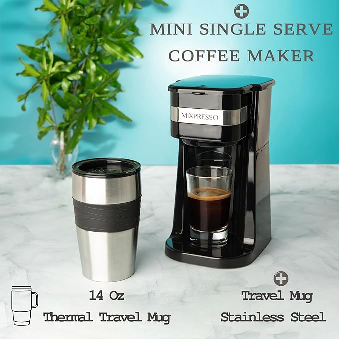 Mixpresso Black Personal Single Serve Coffee Maker with 14oz Travel Mug Drip Small Coffee Maker with Auto Shut Off Reusable Filter Works with Ground Coffee Only – Not for K-Cup Pods