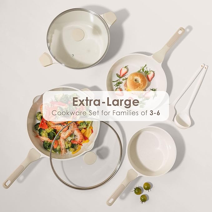 SENSARTE Nonstick Ceramic Cookware Set Large-Size 13-Piece Healthy Pots and Pans Set Non-toxic Kitchen Cooking Set with Stay-Cool Handles PFAS and PFOA Free Cream White