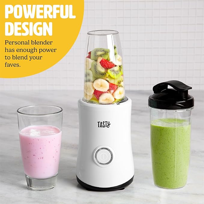 Tasty Personal Blender With Cups 350W Powerful Blending Motor 9-Piece Set With 4 Cups &amp Travel Lid Compact &amp Portable White