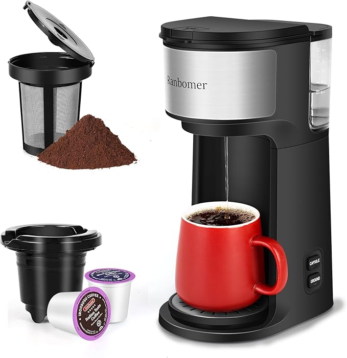 K Cup Coffee Maker Single Serve coffee machine or Ground Coffee Machine 2 in 1 6 to 14 Oz Brew Sizes Mini One Cup Coffee Maker with Self cleaning Function Fits Travel Mug Black