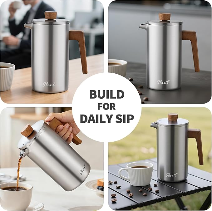 French Press Coffee Maker 34oz Stainless Steel Coffee Press Real Wood Handle Double Wall Insulated French Coffee Press with Dual-Filter Screen Perfect for Camping &amp Kitchen Use
