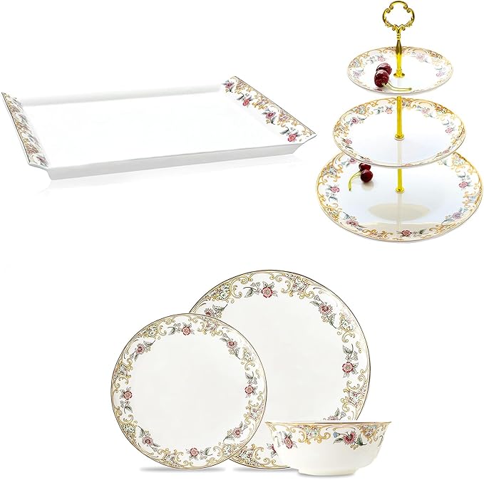 ACMLIFE Bone China Dinnerware Set 3-Tier Serving Stand Porcelain Cupcake and Stand Bone China Serving Platter
