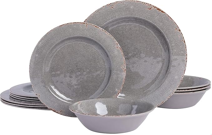 12-Piece Melamine Dinnerware Set – Crackle Design Indoor &amp Outdoor Use Lightweight &amp Durable (Gray Rustic)