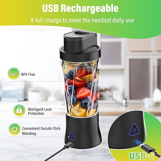 Portable Blender 360 Watt Personal Blender for Shakes and Smoothies 6000mAh USB Rechargeable BPA Free 24 Oz Juicer Cup with 6 Blades and Lid Self Cleaning Portable Juicer for Kitchen Deep Black