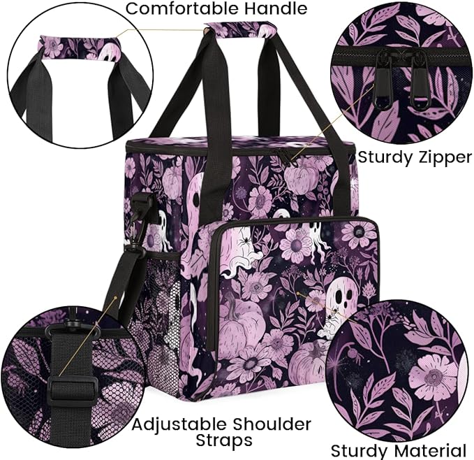 Ghosts Pumpkins Flowers Coffee Maker Carrying Bag Travel Storage Bag Compatible with K-Mini or K-Mini Plus Single Serve Coffee Brewer Carrying Case with Multiple Pockets &amp Shoulder Strap