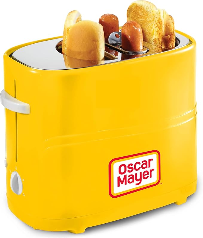 Oscar Mayer 2 Slot Hot Dog and Bun Toaster with Mini Tongs Hot Dog Toaster Works with Chicken Turkey Veggie Links Sausages and Brats Yellow