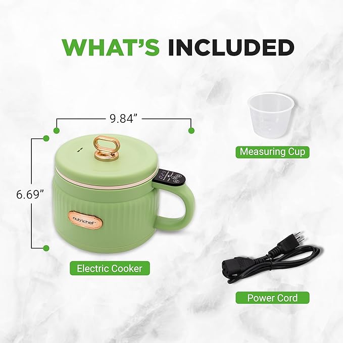 NutriChef 1.6 QT Portable Electric Rice Cooker &amp Lunch Maker | Multi-Functional &amp Non-Stick Ceramic Coating | Digital Control Panel | 6 Cook Functions: Rice Soup Stew Porridge &amp More |