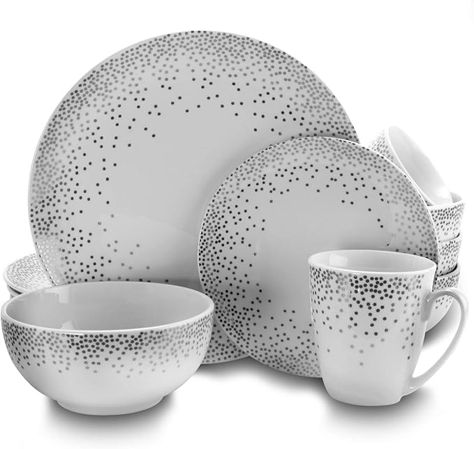Misc Platinum Dots 16 Piece Round Ceramic Dinnerware Set Grey Textured Modern Contemporary