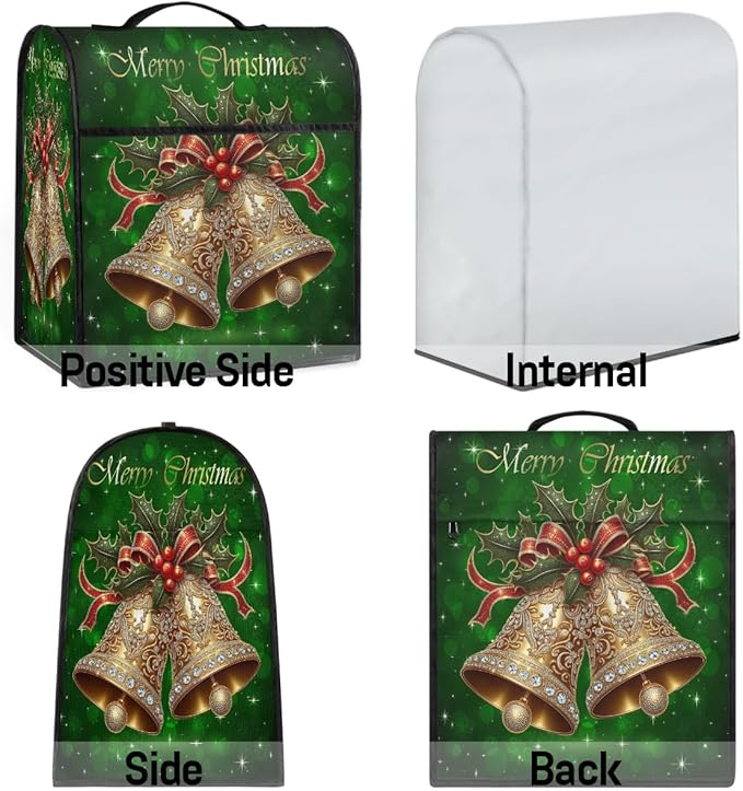 Kitchen Aid Mixer Cover Christmas Holly Bells Stand Mixer Cover Compatible with 6-8 Quarts Stand Mixers Dust Covers with Zipper Pocket Foldable Washable Kitchen Aid Organizer Bag
