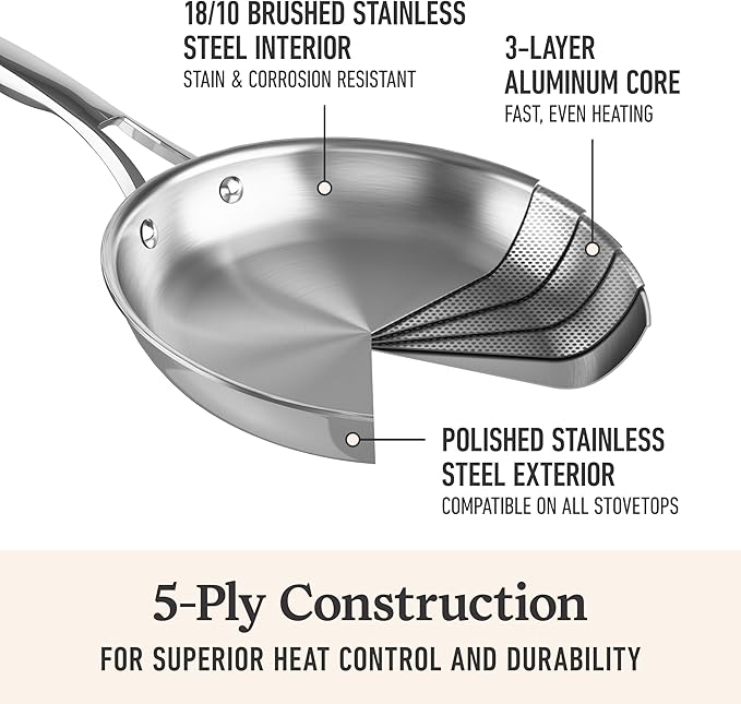 Calphalon Premier Polished 5-Ply Stainless Steel Cookware Set w/Turbo Heat Tech 6 Piece Includes Frying Pans Pots and Pans Set Induction Oven Safe 500F PFOA Free Polished Stainless Silver