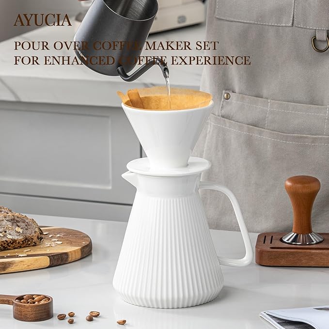 Pour Over Coffee Maker Set Ceramic Coffee Dripper with Pot Set 22OZ White Cream Pour Over Coffee Brewer for Home Café Restaurant Camping Size 02