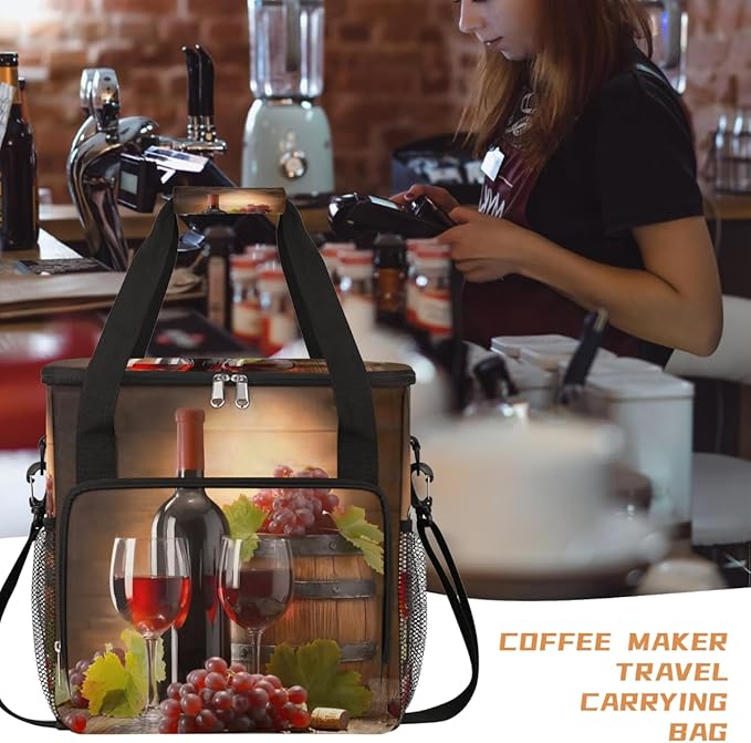 Grape Wine Bottle Glasses Coffee Maker Carrying Bag Coffee Machine Travel Storage Bag Compatible with K-Mini or K-Mini Plus Portable Single Serve Coffees Brewer Case with Pockets for K-Cup Pods