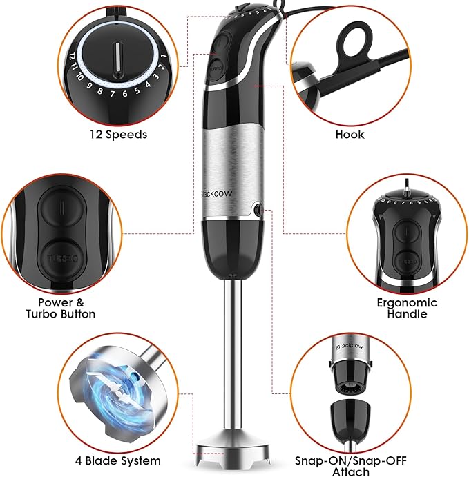 Immersion Blender Handheld for KitchenEmulsion Blender Handheld12 Speed Electric Hand Mixer with BPA Free Attachments:Chopper BowlWhiskMilk FrotherMeasuring Cup