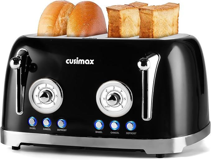 CUSIMAX Toaster 4 Slice Retro Toaster with Wide Slots for Bagels Stainless Steel with 6 Toast Settings Bagel Cancel Defrost &amp Reheat Functions Dual Independent Control Panels Black