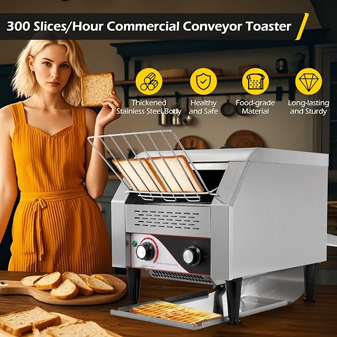 Dyna-Living Commercial Toaster 300 Slices/Hour Conveyor Toaster Commercial 1900W Heavy-duty Stainless Steel Rotating Toasters Oven for Restaurant Conveyor Belt Toasters for Bun Bagel Bread