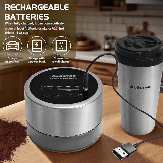 French Press Coffee Maker Cold Brew 2-6 Min Rapid Electric Coffee Press Portable Iced Tea Maker with Ultra-Fine Stainless Filter Loose Tea Press for Camping Travel Office &amp RV 16oz Cup