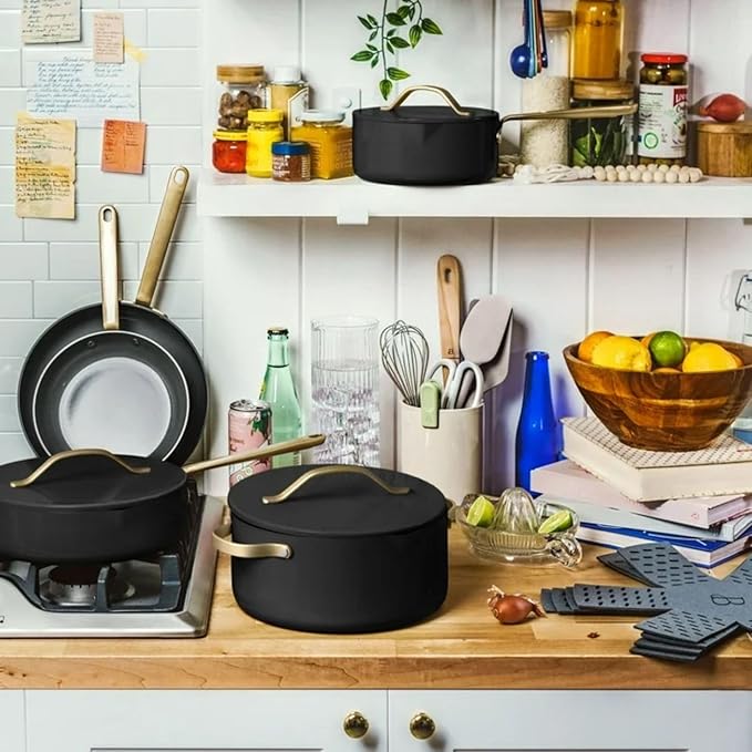 Pans 12pc Ceramic Non-Stick Cookware Set by Drew Barrymore Pots &amp Pans with Lids Dishwasher‑SafeSoft‑Touch Handles Even‑Heat Base. (Black Seaseme)
