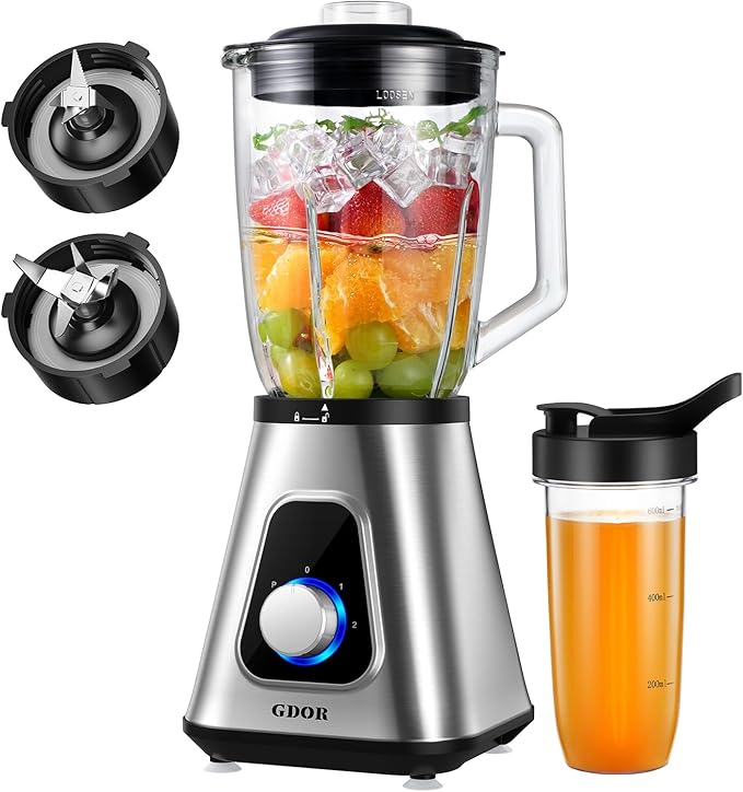 GDOR 1200W Blender for Smoothies and Shakes 52 Oz Glass Jar &amp 22 Oz To-Go Cup Combo Countertop Blender with 6-leaf Blade 3 Adjustable Speed for Juices Frozen Fruit Drinks Sauces Self-Cleanin