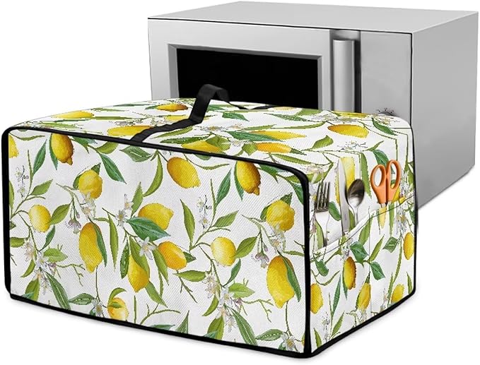 Lemon Flower Toaster Oven Cover Heavy Duty Heat-resistant Protective Case Faux Linen Polyester Protector with Handle &amp Pockets for Everyday Home Kitchens