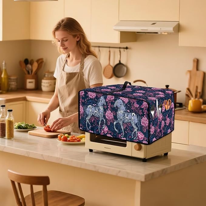 Horse Peony Print Toaster Oven Dust Cover for Kitchen Counter Decor Heavy Duty Bread Maker Cover Dust Protection 20.5 x 16.5 x 10 Pink