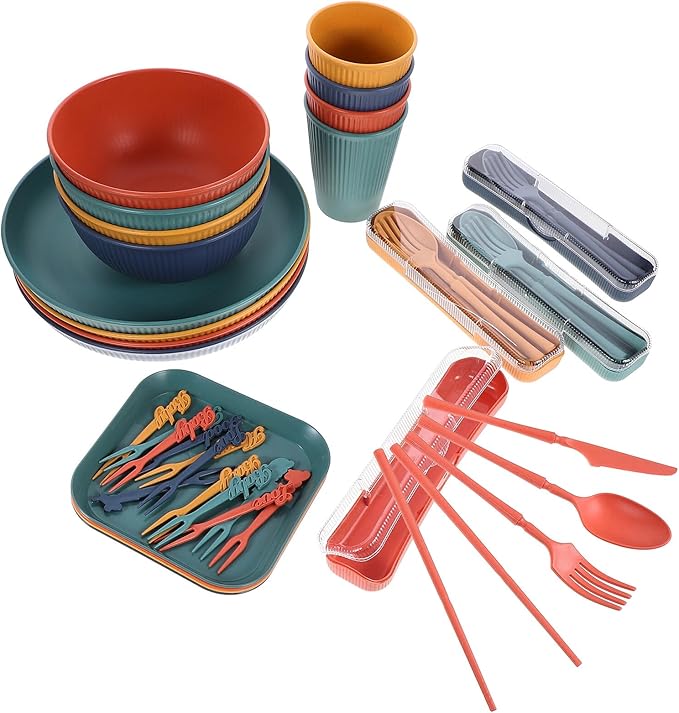 Wheat Straw Dinnerware Set with Cutlery Lightweight Reusable Plates Bowls and Cups for Outdoor Dining Picnic Camping Portable Mixed Color Tableware Kit Random Color