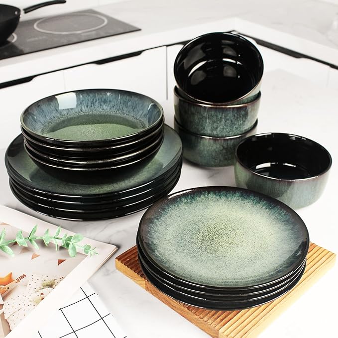 Dinnerware Sets(16Pcs) Serves for 4 Reactive Glaze Tableware Set with 7.9/8.3/10.6Plates and 5.5bowl Modern kitchen tableware Scratch resistant Microwave Dishwasher safe Set No.1