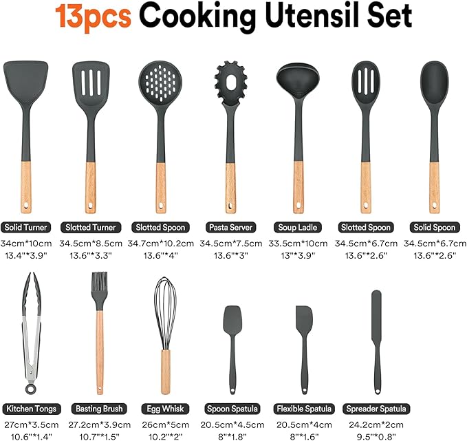 Kitchen Utensils Set 13PCS Silicone Cooking Utensils Heat Resistant Kitchen Utensil Spatula Set for Nonstick Cookware Wooden Handles Kitchen Gadgets Tools Set