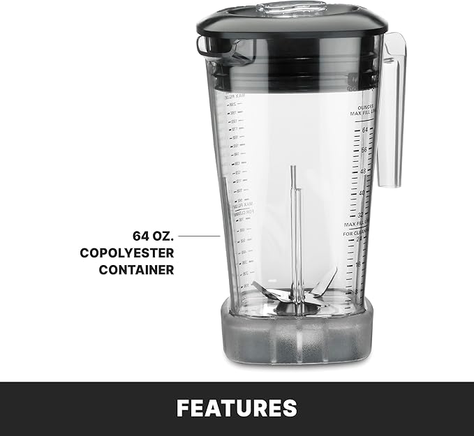 Waring Commercial MX1000XTX 3.5 HP Blender with Paddle Switches Pulse Feature and a 64 oz. BPA Free Copolyester Container 120V 5-15 Phase Plug Black