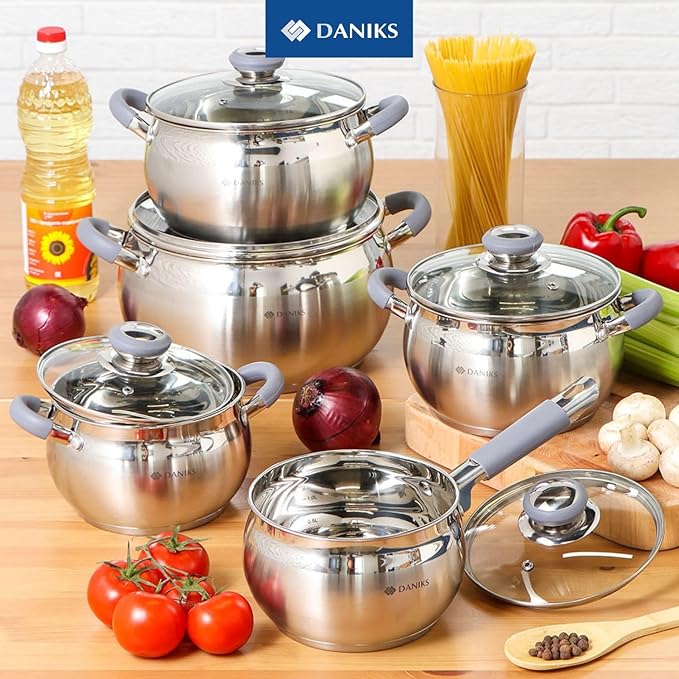 Daniks Modern 3 Quart Stainless Steel Stock Pot with Glass Lid Tri-Ply Bottom for Even Heating Induction Compatible Dishwasher Safe Heatproof Handles