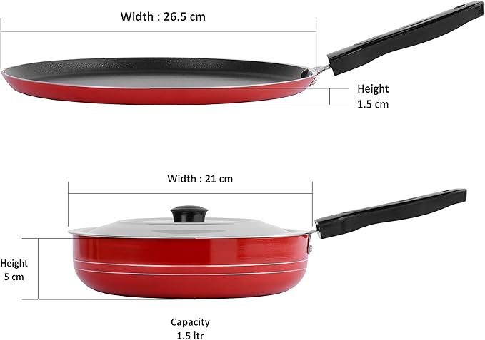 Sumeet 2.6mm Thick Non-Stick Red Chilli Cookware set (Dosa Tawa – 26.5cm Dia + Fry pan – 1.5Ltr Capacity – 21cm Dia)