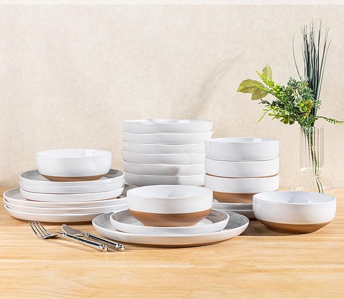 GBHOME 24-Piece Ceramic Dinnerware Set for 6 Handpainted Plates Pasta Bowls &amp Bowls Set with Rustic Terracotta Underside Scratch-Resistant Dishwasher &amp Microwave SafeSpeckled Glaze White
