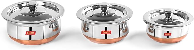 Sumeet Stainless Steel Copper Bottom 3 Pc Handi/Cookware/Serveware Pot Set with Lid 360ML 500ML 800ML (Silver)