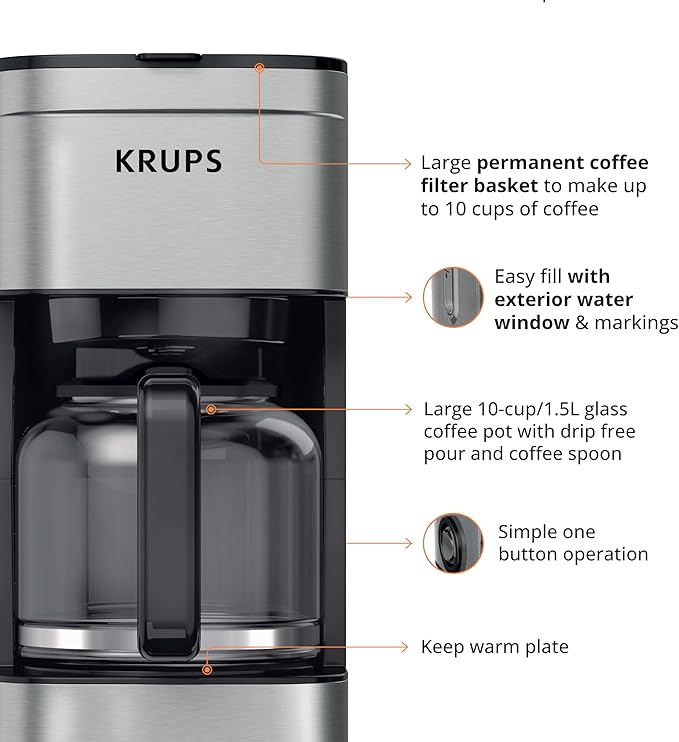 KRUPS Coffee Maker 10 Cups Simply Brew Stainless Steel Drip Coffee Maker 900 Watts Coffee Filter Drip Free Dishwasher Safe Pot  Black &amp Silver
