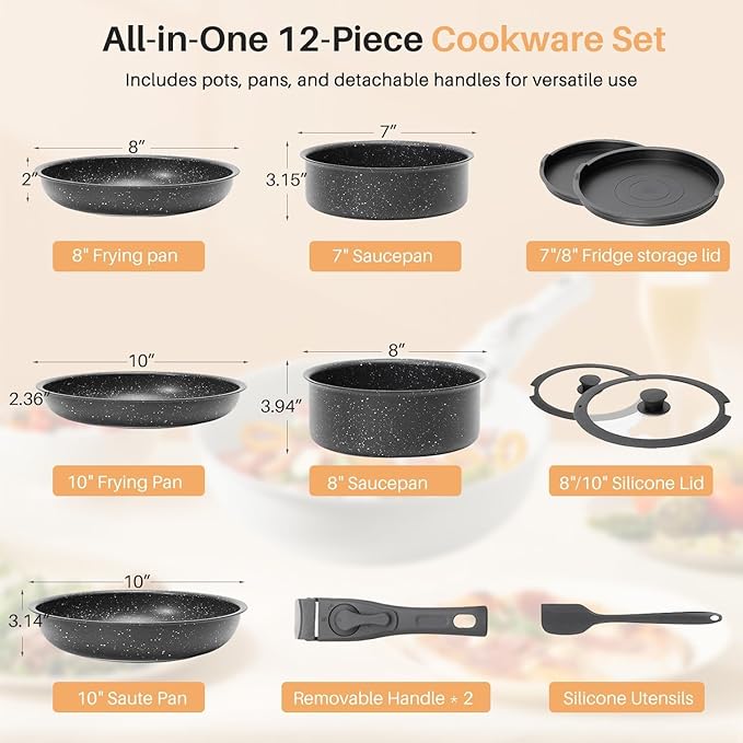 Pots and Pans Set Non Stick 12 Pcs Cooking Pot Kitchen Set with Frying Pans and Sauce Pans Dishwasher and Oven Safe PFAS PFOA PFOS Free Black