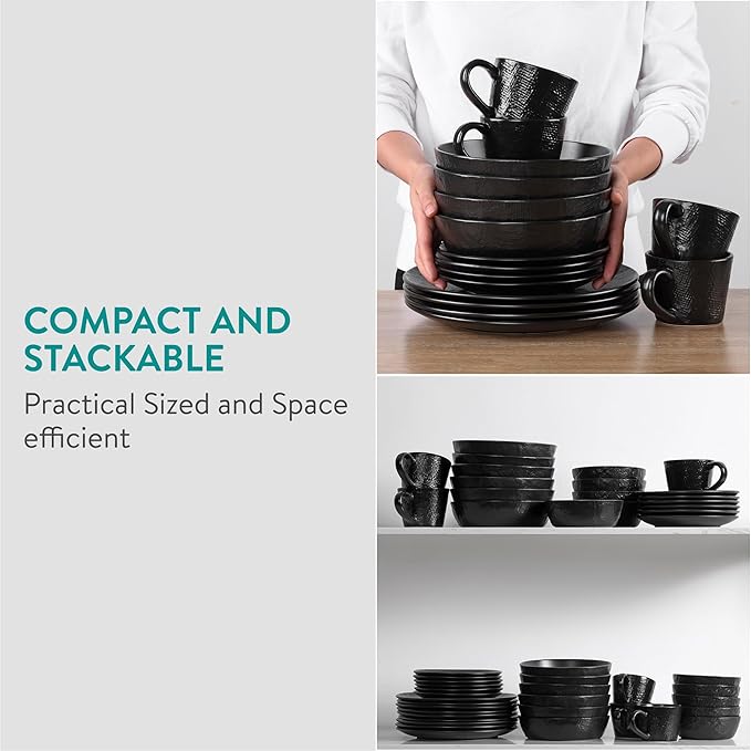 Navaris Linen Artisan Stoneware Dinnerware Set (16 Pieces) - Dishwasher and Microwave Safe Plates Bowls Mugs in Charcoal Black