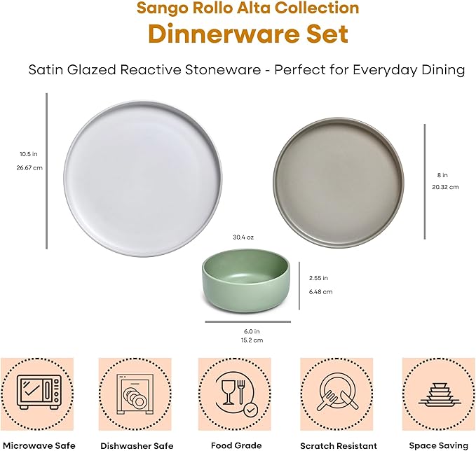Sango 12-Piece Stoneware Dinnerware Set for 4 Satin Glazed Plates and Bowls Sets with Matte Finish Ceramic Dish Set Durable Kitchen Dishes Microwave &amp Dishwasher Safe for Casual Dining Rollo