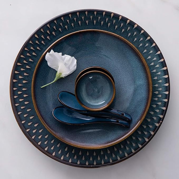 Dinner Plates Creativity Ceramics Dinner Sets 26 Pieces Blue Nordic Style Porcelain Combination Set - Bowl/Dish/Spoon | Kiln Glaze Dinnerware for Restaurant Box
