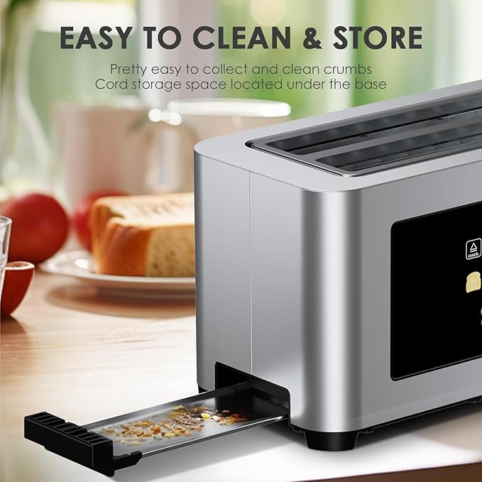 Geek Chef Long Slot Toaster 4 Slice 1.5 Touch Screen Extra Wide Slots for Bagels &amp Waffles 6 Browning Levels Timer Reheat Defrost Cancel Function and Digital Scale with App