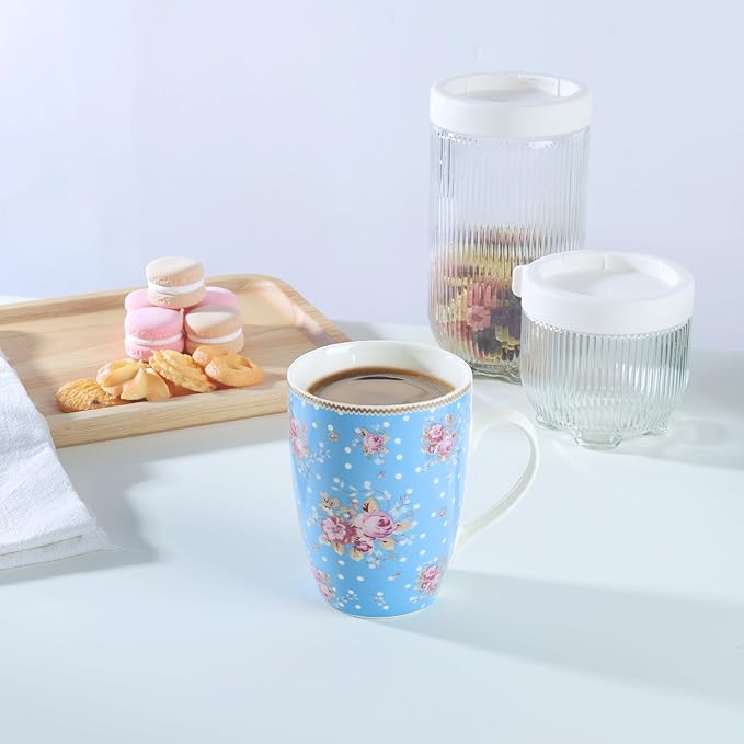 fanquare 10 Ounce Blue Floral Polka Dot Mug Set of 4 Ceramic Coffee/Tea Mugs with Pink Flower Pattern Cute Drinkware for Home Office Microwave &amp Dishwasher Safe